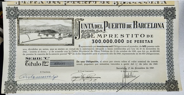 JUNTA DEL PUERTO BARCELONA EMPRESTITO 300.000.000 PTAS. MIL PTAS  SERIE C TITULO 12 Nº 03969