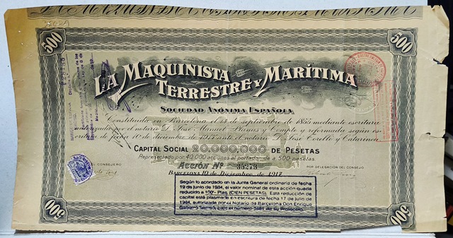 LA MAQUINISTA TERRESTRE MARITIMA S.A.E. CAPITAL 20 MILL.PTAS. ACCION 35274 Y 35273 DE 500 PTAS