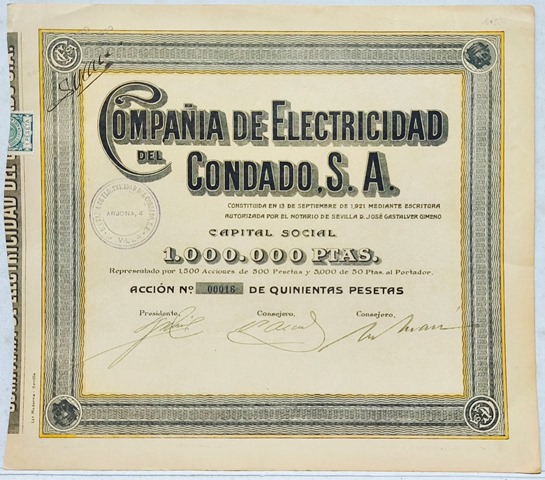 COMPAÑÍA DE ELECTRICIDAD CONDADO, S.A. CAPITAL 1 MILLON DE PTAS. ACCION DE 500 Y 50 PTAS