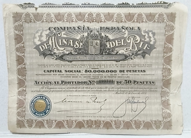 COMPAÑÍA ESPAÑOLA DE MINAS DEL RIF CAPITAL 80 MILLONES PTAS. ACCION 199341 DE 50 PTAS.
