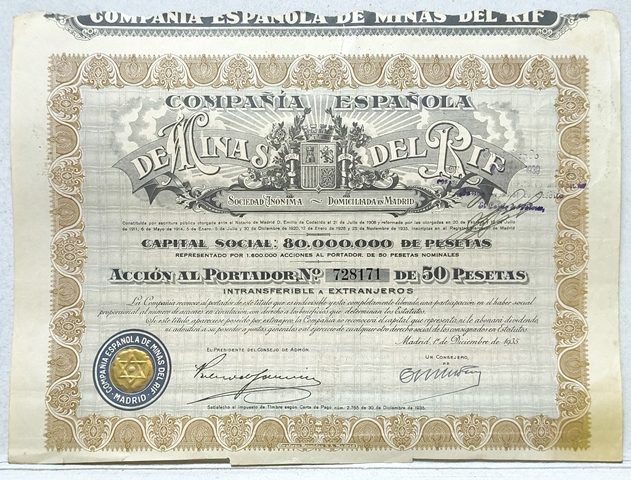 COMPAÑÍA ESPAÑOLA DE MINAS DEL RIF CAPITAL 80 MILLONES PTAS. ACCION 128171 DE 50 PTAS.