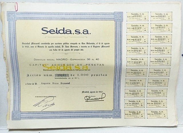 SEIDA, S.A. SOCIEDAD MERCANTIL CAPITAL 44 MILLONES PTAS. ACCION 1000 PTAS. MADRID 1965
