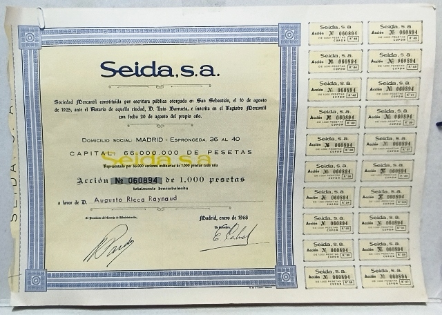 SEIDA, S.A. SOCIEDAD MERCANTIL CAPITAL 66 MILLONES PTAS. ACCION 1000 PTAS. MADRID 1968