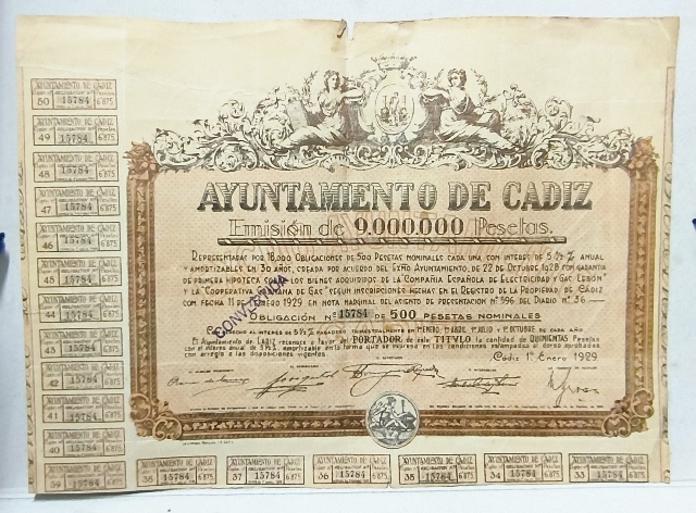 AYUNTAMIENTO DE CADIZ EMISION DE 9.000.000 PTAS OBLIGACION 500 PTAS Nº 15784 CADIZ 1929