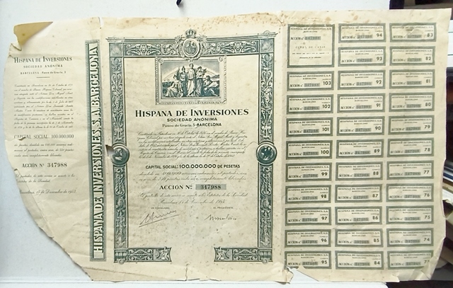 HISPANA DE INVERSIONES S.A. CAPITAL 100.000.000 PTAS ACCION 250 PTAS Nº347988 AÑO 1953