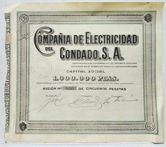 ACCION COMPAÑÍA DE ELECTRICIDAD DEL CONDADO, S.A. CAPITAL 1 MILLON PTAS. ACCION Nº 01512