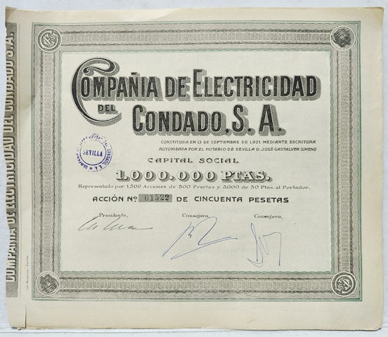 ACCION COMPAÑÍA DE ELECTRICIDAD DEL CONDADO, S.A. CAPITAL 1 MILLON PTAS. ACCION Nº 01522
