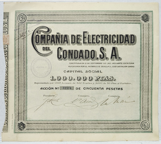 ACCION COMPAÑÍA DE ELECTRICIDAD DEL CONDADO, S.A. CAPITAL 1 MILLON PTAS. ACCION Nº 01514