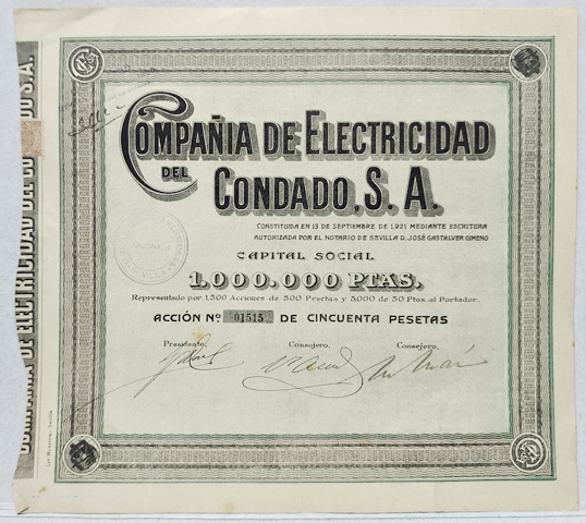 ACCION COMPAÑÍA DE ELECTRICIDAD DEL CONDADO, S.A. CAPITAL 1 MILLON PTAS. ACCION Nº 01515