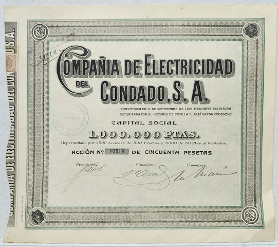 ACCION COMPAÑÍA DE ELECTRICIDAD DEL CONDADO, S.A. CAPITAL 1 MILLON PTAS. ACCION Nº 01518