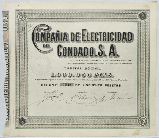 ACCION COMPAÑÍA DE ELECTRICIDAD DEL CONDADO, S.A. CAPITAL 1 MILLON PTAS. ACCION Nº 01519