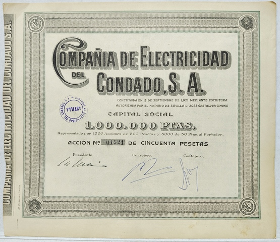 ACCION COMPAÑÍA DE ELECTRICIDAD DEL CONDADO, S.A. CAPITAL 1 MILLON PTAS. ACCION Nº 01521