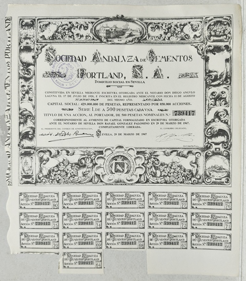 ACCION SOCIEDAD ANDALUZA DE CEMENTOS PORTLAND, S.A. SERIE I DE 500 PTAS. Nº 739417