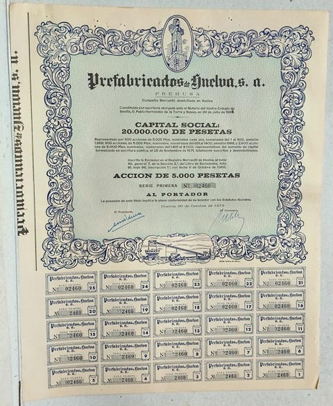PREFABRICADOS DE HUELVA (PREHUSA) CAPITAL 20.000.000 PTAS ACCION 02460 DE 5000 PTAS
