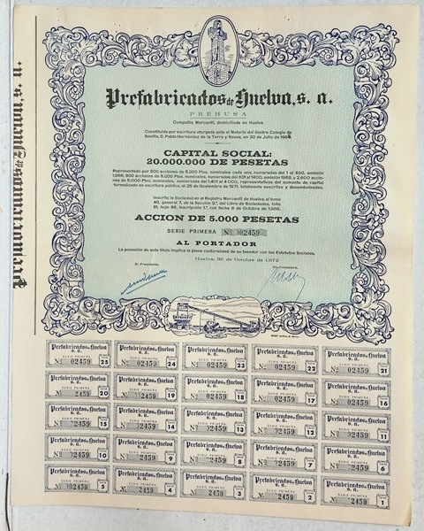 PREFABRICADOS DE HUELVA (PREHUSA) CAPITAL 20.000.000 PTAS ACCION 02459 DE 5000 PTAS