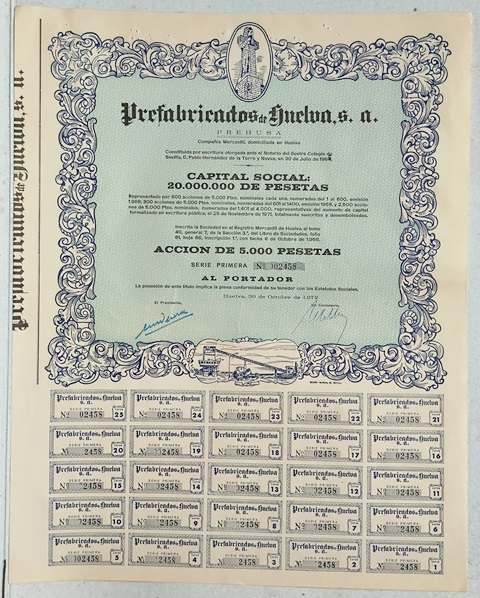 PREFABRICADOS DE HUELVA (PREHUSA) CAPITAL 20.000.000 PTAS ACCION 02458 DE 5000 PTAS