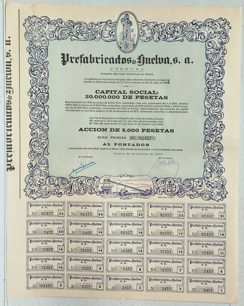 PREFABRICADOS DE HUELVA (PREHUSA) CAPITAL 20.000.000 PTAS ACCION 02457 DE 5000 PTAS