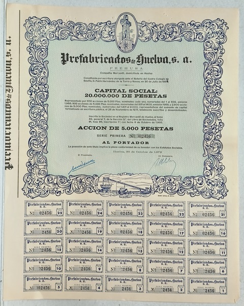 PREFABRICADOS DE HUELVA (PREHUSA) CAPITAL 20.000.000 PTAS ACCION 02456 DE 5000 PTAS