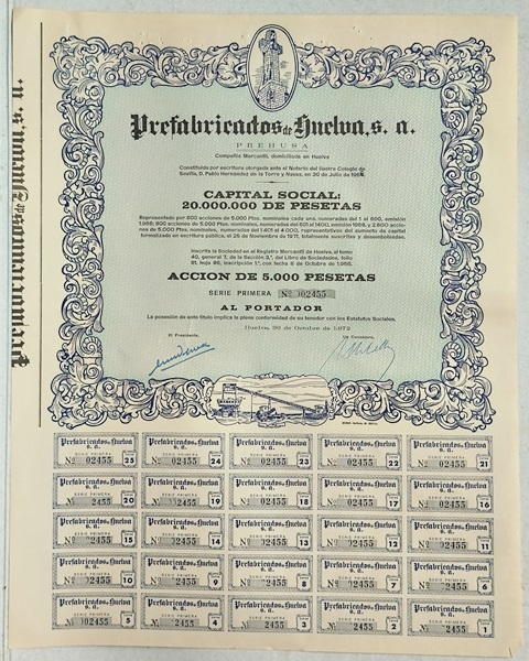 PREFABRICADOS DE HUELVA (PREHUSA) CAPITAL 20.000.000 PTAS ACCION 02455 DE 5000 PTAS