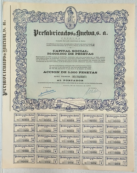 PREFABRICADOS DE HUELVA (PREHUSA) CAPITAL 20.000.000 PTAS ACCION 02454 DE 5000 PTAS