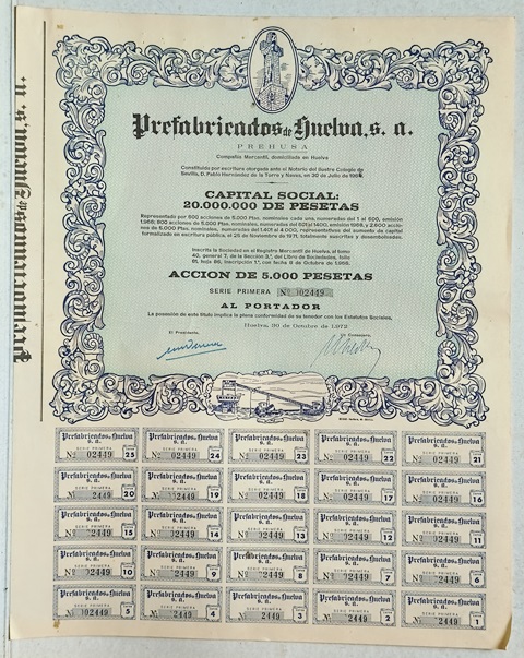 PREFABRICADOS DE HUELVA (PREHUSA) CAPITAL 20.000.000 PTAS ACCION 02449 DE 5000 PTAS