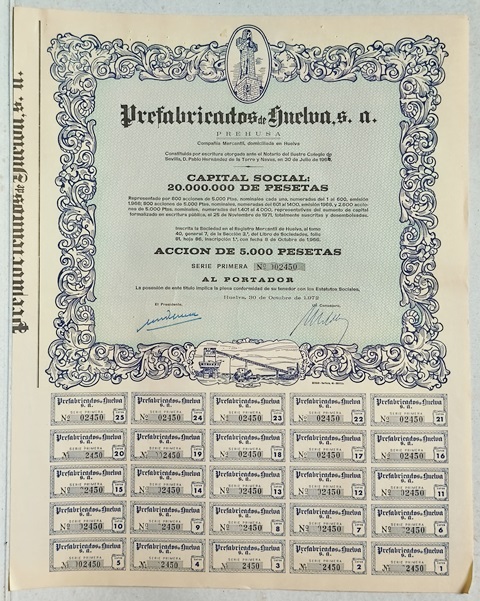 PREFABRICADOS DE HUELVA (PREHUSA) CAPITAL 20.000.000 PTAS ACCION 02450 DE 5000 PTAS