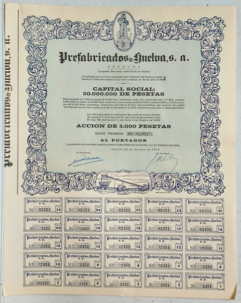 PREFABRICADOS DE HUELVA (PREHUSA) CAPITAL 20.000.000 PTAS ACCION 02451 DE 5000 PTAS