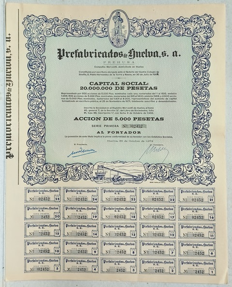 PREFABRICADOS DE HUELVA (PREHUSA) CAPITAL 20.000.000 PTAS ACCION 02452 DE 5000 PTAS