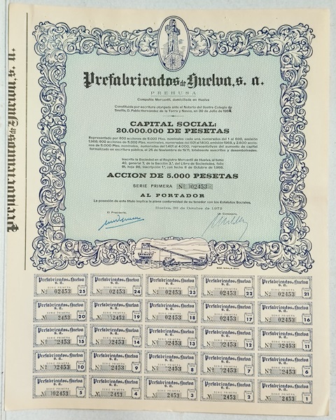 PREFABRICADOS DE HUELVA (PREHUSA) CAPITAL 20.000.000 PTAS ACCION 02453 DE 5000 PTAS