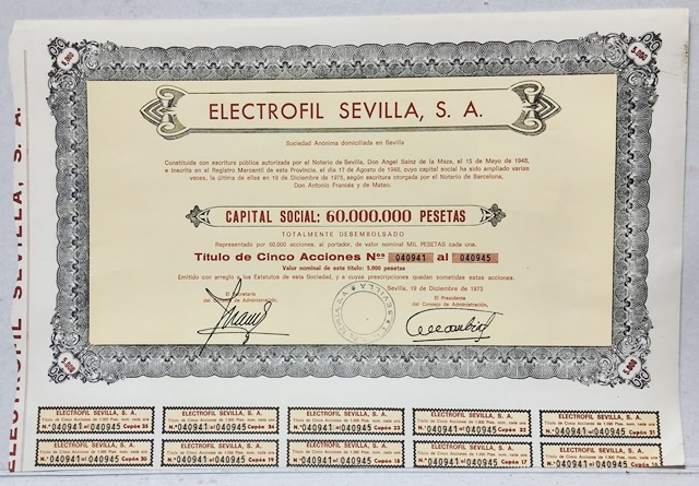 ELECTROFIL SEVILLA S. A. CAPITAL 60 MILLONES PTAS Nº 040941 AL Nº 040945 SEVILLA 1975