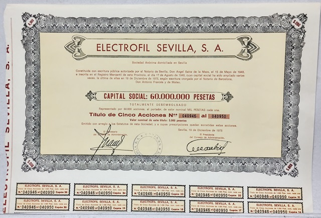 ELECTROFIL SEVILLA S. A. CAPITAL 60 MILLONES PTAS Nº 040946 AL Nº 040950 SEVILLA 1975