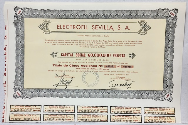 ELECTROFIL SEVILLA S. A. CAPITAL 60 MILLONES PTAS Nº 040951 AL Nº 040955 SEVILLA 1975