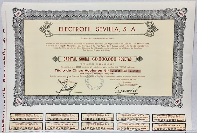 ELECTROFIL SEVILLA S. A. CAPITAL 60 MILLONES PTAS Nº 040956 AL Nº 040960 SEVILLA 1975