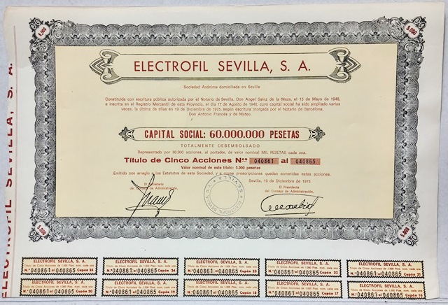 ELECTROFIL SEVILLA S. A. CAPITAL 60 MILLONES PTAS Nº 040961 AL Nº 040965 SEVILLA 1975