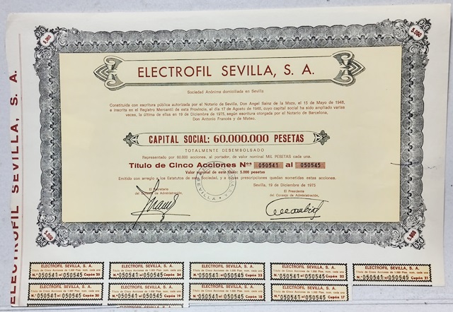 ELECTROFIL SEVILLA S. A. CAPITAL 60 MILLONES PTAS Nº 050541 AL Nº 050545 SEVILLA 1975
