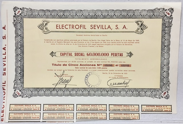 ELECTROFIL SEVILLA S. A. CAPITAL 60 MILLONES PTAS Nº 050546 AL Nº 050550 SEVILLA 1975