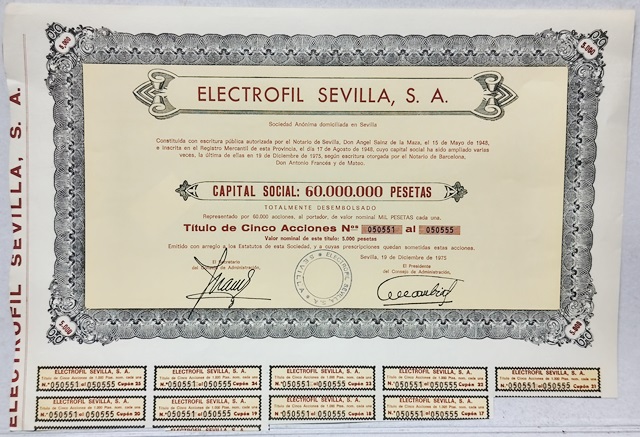 ELECTROFIL SEVILLA S. A. CAPITAL 60 MILLONES PTAS Nº 050551 AL Nº 050555 SEVILLA 1975