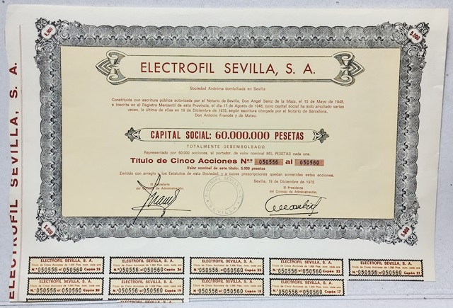 ELECTROFIL SEVILLA S. A. CAPITAL 60 MILLONES PTAS Nº 050556 AL Nº 050560 SEVILLA 1975