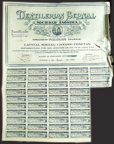 DESTILERIAS BERNAL S.A. CAPITAL 1.500.000 PTAS Nº 1761 500 PTAS ACCION. MURCIA 1929