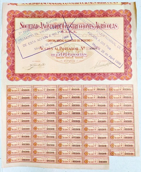S.A. CONSTRUCCIONES AGRICOLAS CAPITAL 10 MILLONES PTAS. ACCION Nº 09309 500 PTAS.