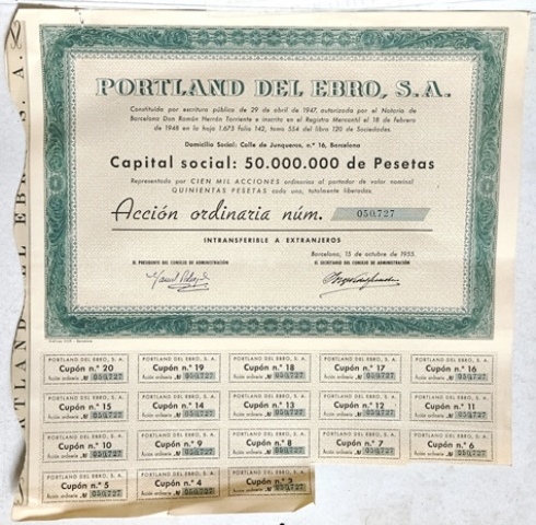 PORTLAND DEL EBRO S.A. CAPITAL 50 MILLONES PTAS. ACCION Nº 050727 DE 500 PTAS. 1955