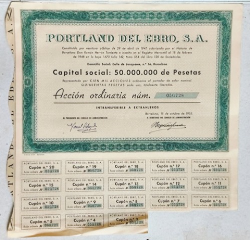 PORTLAND DEL EBRO S.A. CAPITAL 50 MILLONES PTAS. ACCION Nº 050728 DE 500 PTAS. 1955