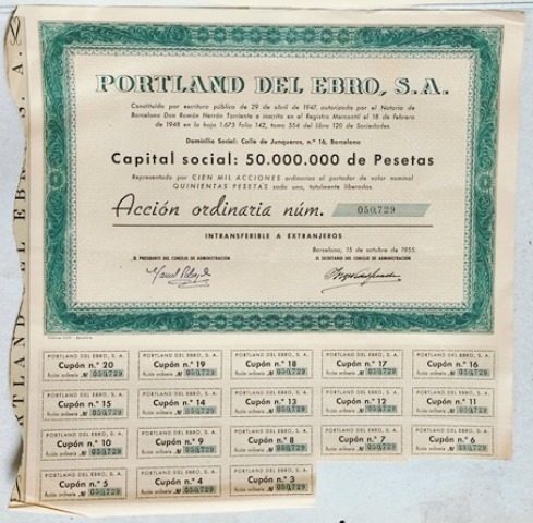 PORTLAND DEL EBRO S.A. CAPITAL 50 MILLONES PTAS. ACCION Nº 050729 DE 500 PTAS. 1955
