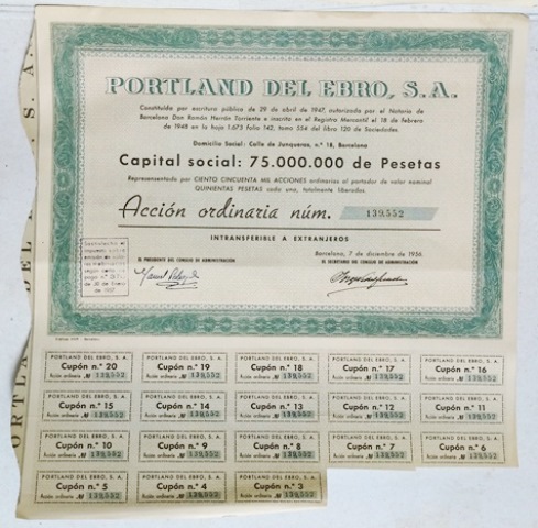 PORTLAND DEL EBRO S.A. CAPITAL 50 MILLONES PTAS. ACCION Nº 139552 DE 500 PTAS. 1956
