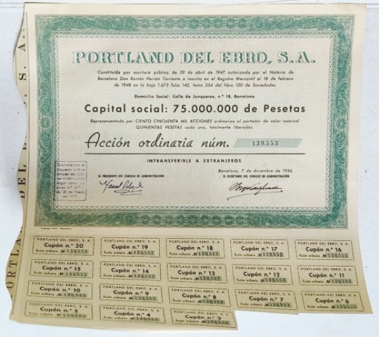 PORTLAND DEL EBRO S.A. CAPITAL 50 MILLONES PTAS. ACCION Nº 139553 DE 500 PTAS. 1956