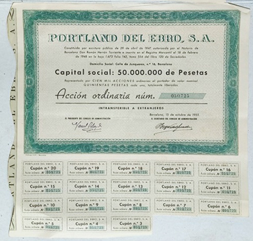 PORTLAND DEL EBRO S.A. CAPITAL 50 MILLONES PTAS. ACCION Nº 050725 DE 500 PTAS. 1955