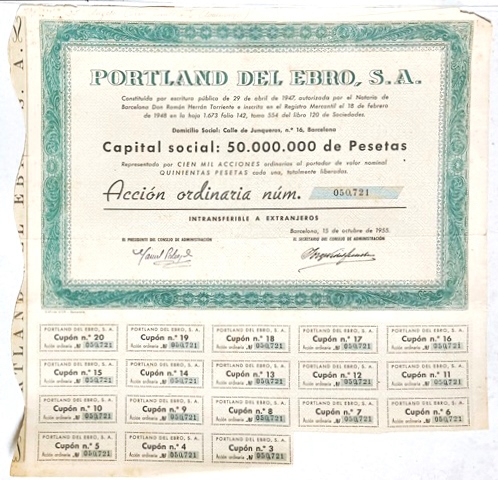 PORTLAND DEL EBRO S.A. CAPITAL 50 MILLONES PTAS. ACCION Nº 050721 DE 500 PTAS. 1955