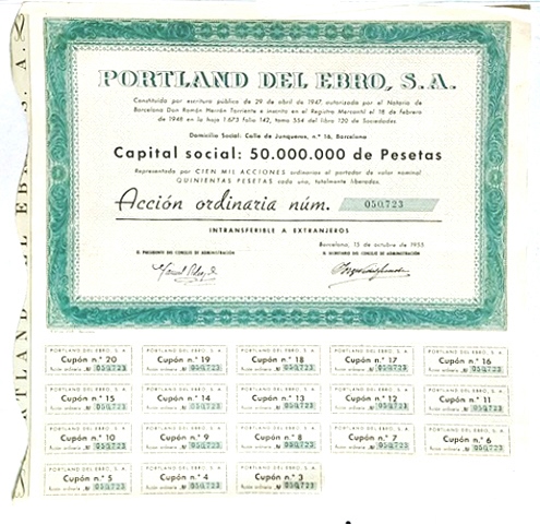 PORTLAND DEL EBRO S.A. CAPITAL 50 MILLONES PTAS. ACCION Nº 050723 DE 500 PTAS. 1955