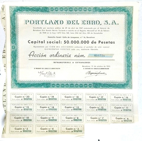 PORTLAND DEL EBRO S.A. CAPITAL 50 MILLONES PTAS. ACCION Nº 050724 DE 500 PTAS. 1955