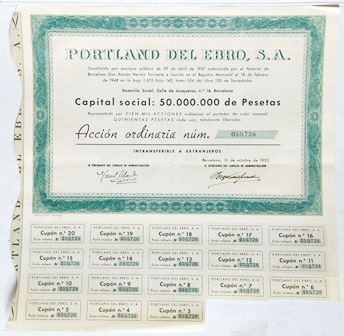 PORTLAND DEL EBRO S.A. CAPITAL 50 MILLONES PTAS. ACCION Nº 050726 DE 500 PTAS. 1955